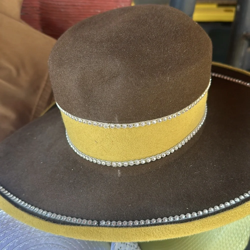 Jack McConnell brown & Yellow with rhinestones Vintage Ladies hat